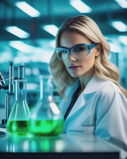 In a close-up view, (Dr. Mundos female assistant with blond hair), dressed in similar attire, is in a spacious, detailed medical lab performing an experiment. The lab is illuminated by bright LED lights, equipped with stainless steel and glass containers filled with green liquids. All details are vivid in 4K resolution and bursting with vibrant colors. An industrial style laboratory with a slight touch of science fiction. V2