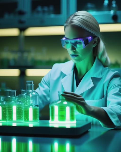In a close-up view, (Dr. Mundos female assistant with blond hair), dressed in similar attire, is in a spacious, detailed medical lab performing an experiment. The lab is illuminated by bright LED lights, equipped with stainless steel and glass containers filled with green liquids. All details are vivid in 4K resolution and bursting with vibrant colors. An industrial style laboratory with a slight touch of science fiction. V1
