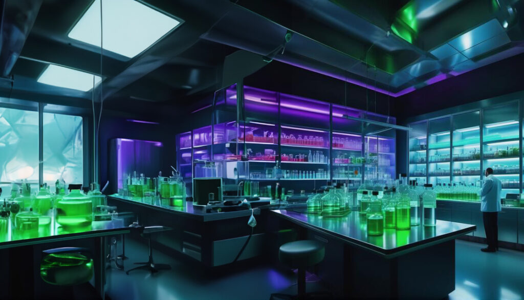 In a zoomed-out view, (Dr. Mundo) is in a spacious, detailed medical lab performing an experiment. The lab illuminates by bright LED lights, equipped with stainless steel and glass containers filled with green liquids. All details are vivid in 4K resolution and bursting with vibrant colors. An industrial style laboratory with a slight touch of science fiction.
